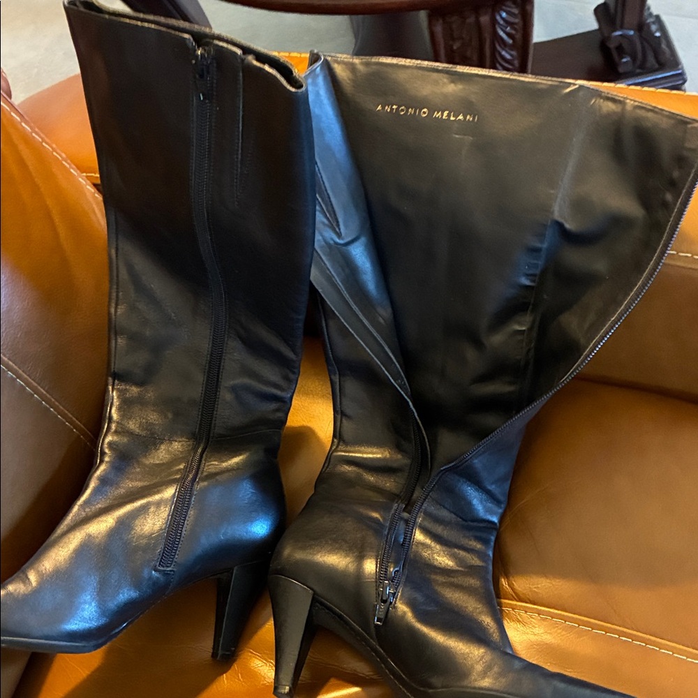 ANTONIO MELANI Sleek Black Leather Heeled Boots size 8